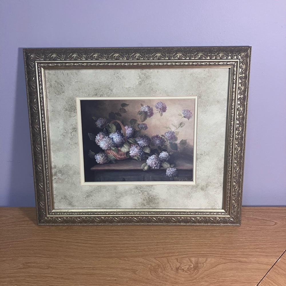 Framed Floral Artwork 15x13 Fabrice de Villanueve Hydrangeas in violet - Picture 6 of 14
